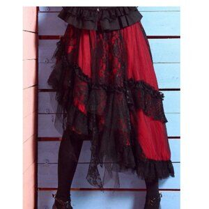 Burgundy Red Black Victorian Goth Lace Irregular Asymmetrical High Low Skirt New
